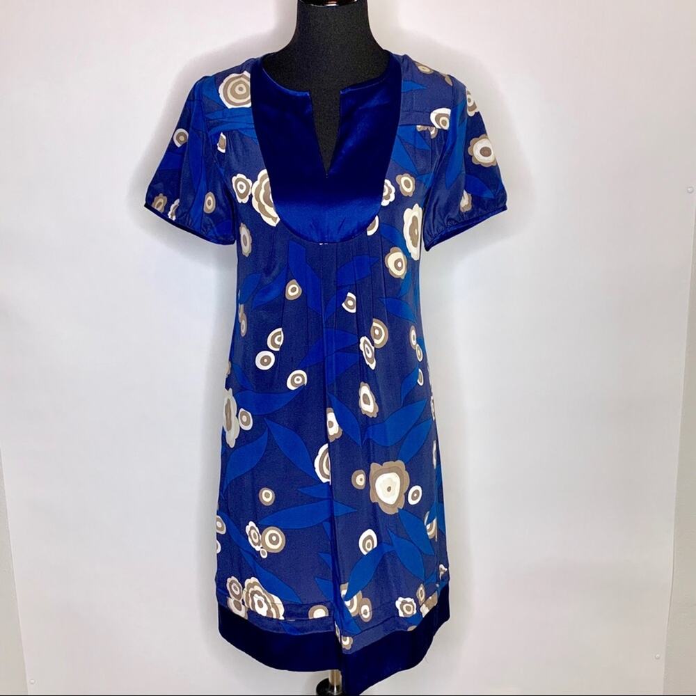 Banana Republic blue brown cream floral silk dress size Extra Small XS